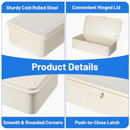 moheaaei White Small Steel Storage Box with Lid, 2-Pack Rectangular Metal Hinged Tin Boxes - 7.9x4x2 Inch Organizer for Scrapbook Stamps, Tools, Jewelry & Office Supplies