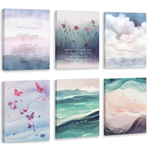 HOURIA Framed Watercolor Mental Health Canvas Wall Art Inhale Exhale Wall Decor,8x10 Set of 6 Therapist Psychologist Office Decor Inspirational Art Print for Bedroom,Calming Corner,Counseling Room - color: Inspirational Wall Art, size: 8X10inches