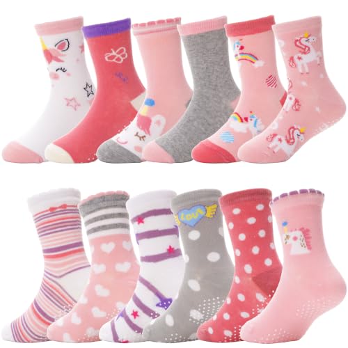 ANTSANG Baby Girls Toddlers Grips Socks, Kids Unicorn Crew Cotton Socks - color: Unicorn Pink, size: 3-5T
