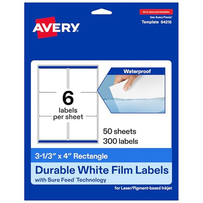 Avery® Printable Durable White Rectangle Labels, Sure Feed® Technology, 3-1/3" x 4", Waterproof Labels, Laser & Pigment-Based Inkjet Compatible, 300 Total - style: 300 labels