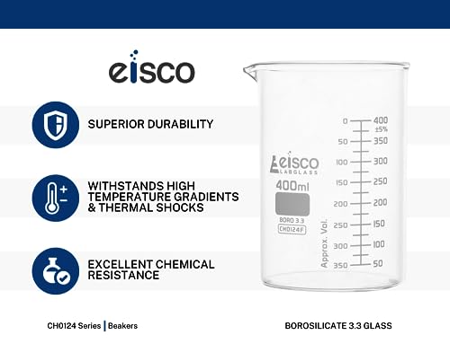 EISCO 12PK Beakers, 20ml - ASTM - Low Form with Spout - Dual Scale, White Graduations - Borosilicate 3.3 Glass