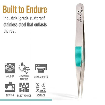 Beaditive High Precision Heavy-Duty Tweezers With Cushion - 4.7" Craft Tweezers for Sewing, Beading & DIY Crafts - Non-Serrated, Fine Point Tips - Stainless Steel Needle Nose Hobby Tweezers (Teal) - color: Teal