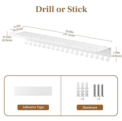 Necklace Holder Wall Hanging Organizer: Wall Mounted Jewelry Shelf with 56 Hooks and Tray, Display Hanger for Kids, Girls and Women, White & Metal - color: white