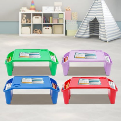 Activity Lap Desk Tray with Storage, Plastic Breakfast Laptop Trays with Side Pockets, Portable Lap Bed Table for Snacks, Play, Classroom and Sensory Toys (Multicolour, 50 * 25 * 18cm, 4pcs)