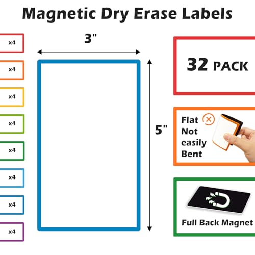 TOTiyea 32 Pack Dry Erase Magnetic Labels,3"x5" Strong Magnetic Backing - color: Assorted Color, size: 3x5, 32Pack
