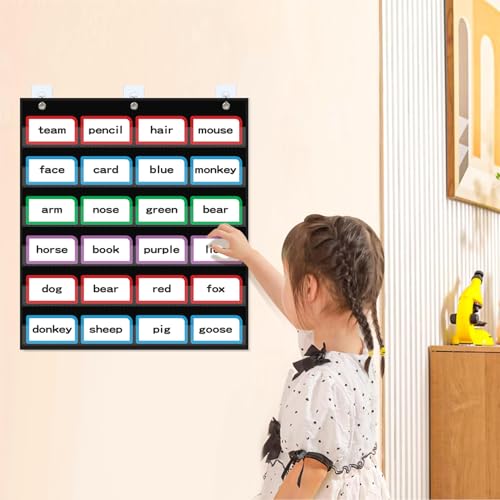 ANCOMEDO 20”W x 25”H Classroom Words Pocket Chart with 6 Clear Pockets, Black Standard Pocket Chart for Classroom and Home for Sentence Strips, Reusable Clear Pocket Hanging Words Chart (Black) - size: 20Wx25H