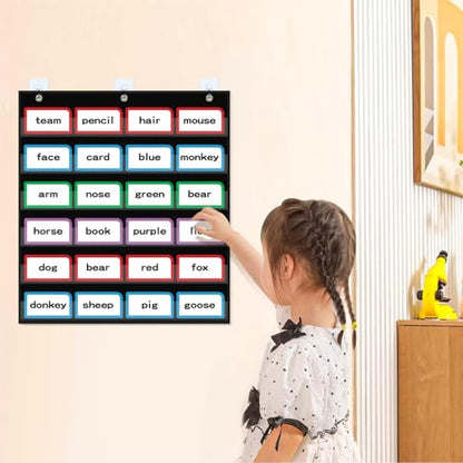 ANCOMEDO 20”W x 25”H Classroom Words Pocket Chart with 6 Clear Pockets, Black Standard Pocket Chart for Classroom and Home for Sentence Strips, Reusable Clear Pocket Hanging Words Chart (Black) - size: 20Wx25H