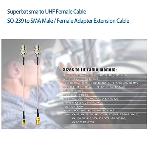 Superbat Coax UHF Female SO-239 to SMA Male/SMA Female Adapter Extension Cable RG316 6" for Baofeng Wouxun Icom Yaesu CB Radio Handheld Walkie Talkie 2pcs - color: 2in1, size: 6 inches