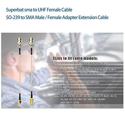 Superbat Coax UHF Female SO-239 to SMA Male/SMA Female Adapter Extension Cable RG316 6" for Baofeng Wouxun Icom Yaesu CB Radio Handheld Walkie Talkie 2pcs - color: 2in1, size: 6 inches
