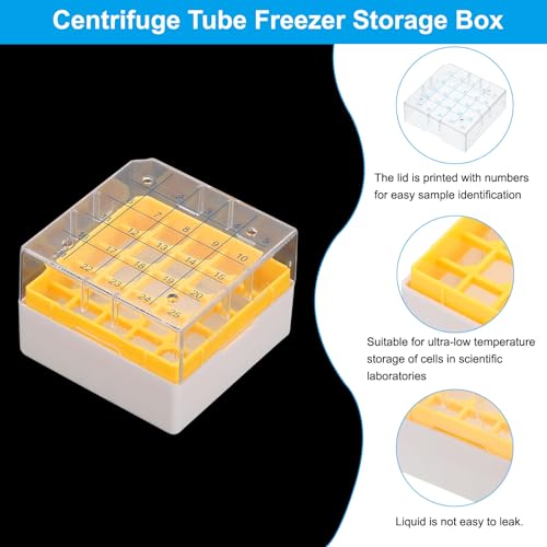 PATIKIL 25 Well Centrifuge Tube Freezer Storage Box, 2 Pcs Polypropylene Tube Rack for 1.8ML and 2.0ML Tubes Vials Samples, Yellow - color: Yellow