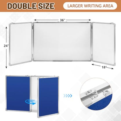 Mooliwe 72"x24" Tri-fold Fabric Board Whiteboard Combo, Foldable Combination Magnetic Dry Erase Board & Bulletin Whiteboard with Aluminum Frame Wall Mounted for Home, Office and School(Blue) - color: Blue