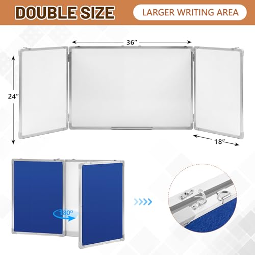 Mooliwe 72"x24" Tri-fold Fabric Board Whiteboard Combo, Foldable Combination Magnetic Dry Erase Board & Bulletin Whiteboard with Aluminum Frame Wall Mounted for Home, Office and School(Blue) - color: Blue