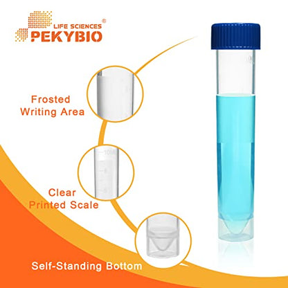 PEKYBIO Clear Plastic Graduated Test Tubes 10ml Sterile Sample Storage Container with Screw Cap Self-Standing Lab Transport Tube, Case of 50 - size: 10ml 50Pcs