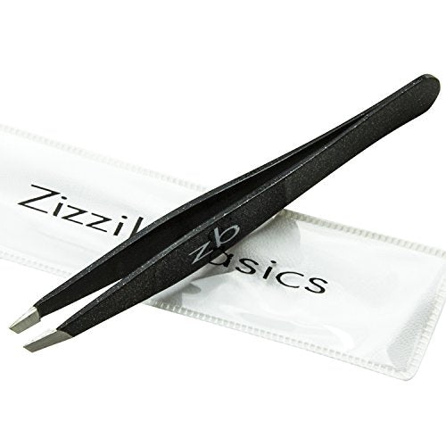 Tweezers – Surgical Grade Stainless Steel - Slant Tip for Expert Eyebrow Shaping and Facial Hair Removal – with Protective Pouch - Best Tweezer for Men and Women (Black) - color: Black