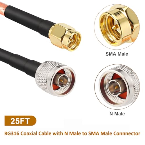 MOOKEERF SMA Male to N Male Cable 25ft RG316 SMA to N Cable 50 Ohm for WiFi Router,GPS Receiver,Antenna,Signal Booster etc - size: 25FT