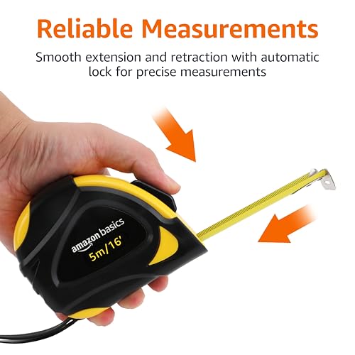 Amazon Basics Self-Locking Tape Measure with Belt Clip, 16-Feet (5-Meters), Inch/Metric Scale, MID Accuracy, Black, Yellow - color: Black, Yellow, size: 4.9 m
