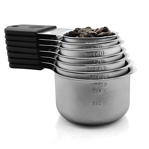 Magnetic Measuring Cups Set, 7 Pieces 18/8 Stainless Steel Stackable Nesting Heavy Duty Metal Measure Cups, Silicone Handle kitchen Tools for Dry and Liquid Ingredients, Dishwasher Safe (Black） - color: Black-7