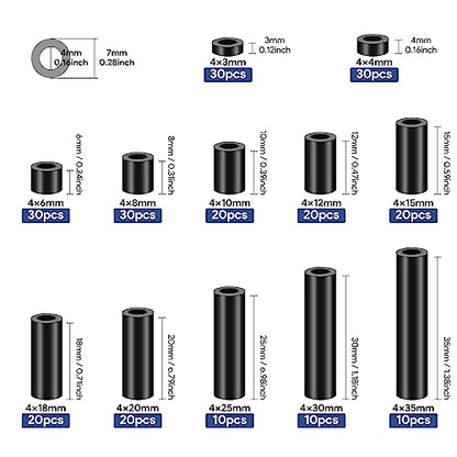 250pc Round Electrical Spacers Assortment Kit - ID 4MM OD 7MM, Outlet Screws & Switch/Receptacle Spacers 3MM to 35MM, Non-Threaded for M4 Screws - size: 0.2"W x 1.4"L (Pack of 250)