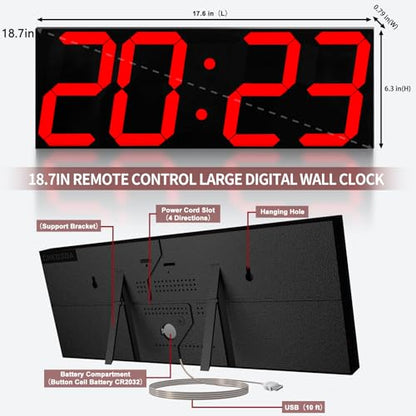 CHKOSDA 18.7‘’Large Digital Wall Clock,LED Digital Clock with Big Number,Multi-Function Remote Controlled Wall Clock with Timer, Alarm and Calendar Display(Red) - color: Red