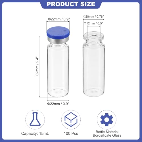 PATIKIL 15ml Sample Vials, 100 Pack Lab Empty Vials with Butyl Rubber Stopper Crimp Top Caps and Labels Borosilicate Glass Vial, Clear - color: Clear, size: 15ml