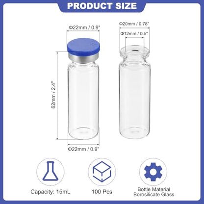 PATIKIL 15ml Sample Vials, 100 Pack Lab Empty Vials with Butyl Rubber Stopper Crimp Top Caps and Labels Borosilicate Glass Vial, Clear - color: Clear, size: 15ml