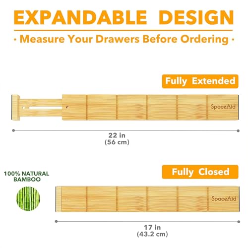 SpaceAid Bamboo Drawer Dividers with Inserts and Labels, Kitchen Adjustable Drawer Organizers, Expandable Organization for Home, Office, Dressers and Bathroom, 6 Dividers with 12 Inserts (17-22 in) - size: 17-22 inch