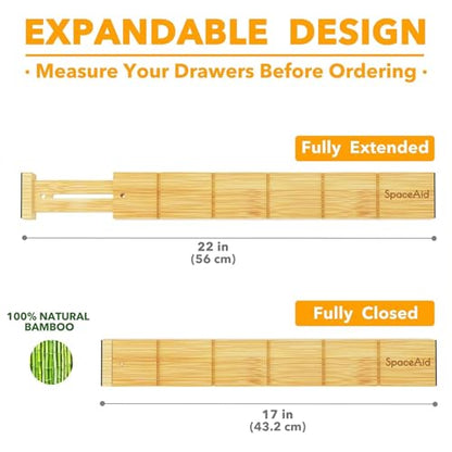 SpaceAid Bamboo Drawer Dividers with Inserts and Labels, Kitchen Adjustable Drawer Organizers, Expandable Organization for Home, Office, Dressers and Bathroom, 6 Dividers with 12 Inserts (17-22 in) - size: 17-22 inch