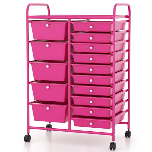 COSTWAY 15 Drawer Rolling Storage Cart, Mobile Storage Organizer - color: Hot Pink, size: 15 Drawer