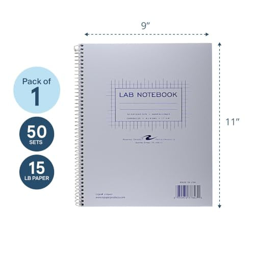 ROARING SPRING Science Lab Notebook, 4x4 Graph Ruled, 50 Numbered Carbonless Sets, 11" x 9", White/Blue Paper, Proudly Made in USA, Hard Board Cover - style: Single Book