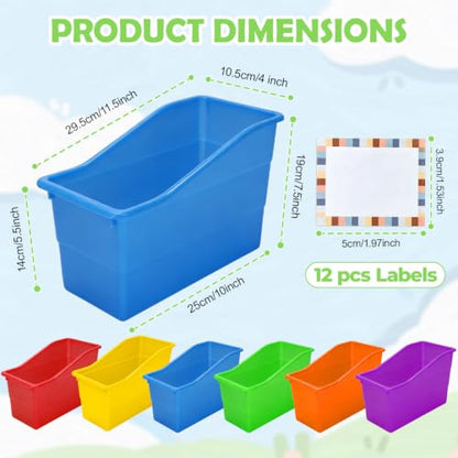 12 Pack Book Bins for Classroom Stackable Plastic Storage with Labels - color: Rainbow