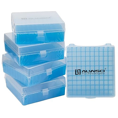 100 Well Microtube Storage Box, Blue Lockable Vial Holder Rack, 5 Pack