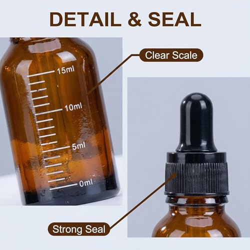 3 Pcs 15ml 0.5oz Empty Refillable Amber Glass Graduated Dropper Bottle Essential Oil Cosmetics Elite Fluid Container Jar Pot Holder with Glass Pipette Dropper - size: 15 ml