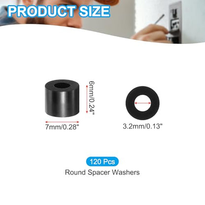 PATIKIL M3 Black ABS ID 3.2mm,OD 7mm,Length 6mm, Nylon Round Spacer Washers, 120Pcs Plastic Standoff Rubber Nut Unthreaded for M3 Screws Electrical Outlet Switch Receptacle - size: 3.2mm x 7mm x 6mm