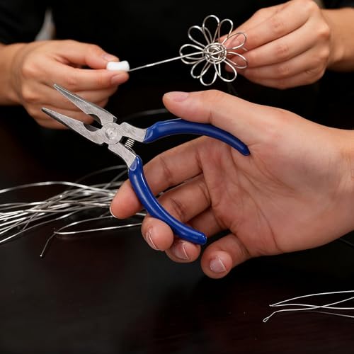 12-Piece Needle Nose Set with Wire Cutters, 5-Inch Mini Long Nose Pliers in Blue/Yellow/Red, Spring Loaded Precision Pliers for Crafts, Jewelry Making, Electronics Repair & Tiny Projects