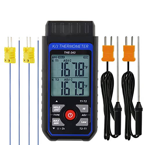 Thermocouple Thermometer Digital K Type Thermometer with 4 Thermocouples, -328~2500℉ Measuring Range HVAC Dual Channels Temperature Meter Gauge with LED Backlight & ADJ Compensation - color: Black