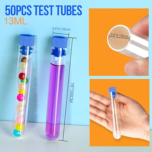 Teenitor 50 Pack Clear Plastic Test Tubes with Blue Caps, 16×100mm, Good Seal for Jewelry Seed Beads Powder Spice Liquid Experiment Halloween Birthday Party - color: Blue, size: 13ML