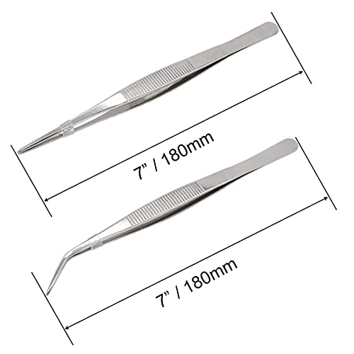 7 Inch Stainless Steel Tweezers with Straight and Curved Serrated Tip Multipurpose Forceps for Craft Repairing 2 Pack - size: 7 Inch