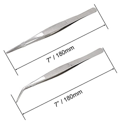 7 Inch Stainless Steel Tweezers with Straight and Curved Serrated Tip Multipurpose Forceps for Craft Repairing 2 Pack - size: 7 Inch