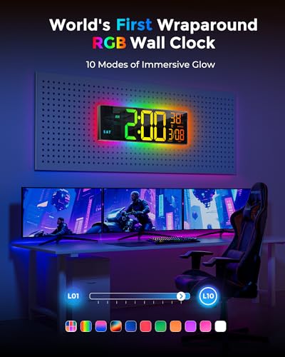 EASYERA 16.5" Large Digital Wall Clock with BT Sync, 11 RGB Lights - size: 15.98 inches