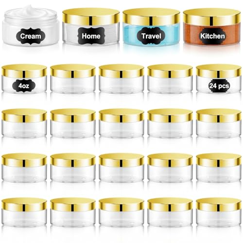 24 Pack 4 oz Clear Cosmetic Jars with Gold Lids and Labels for Body Butter - color: Clear with Gold Lid, size: 4 oz