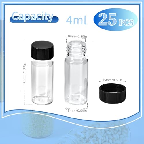 25PCS 4ML(1 Dram) Clear Sample Vials, Small Liquid Glass Vial,Borosilicate Glass Empty Vials with Caps, 15 * 24mm,13-425 Black Screw Caps with PE Liners - size: 1Dram