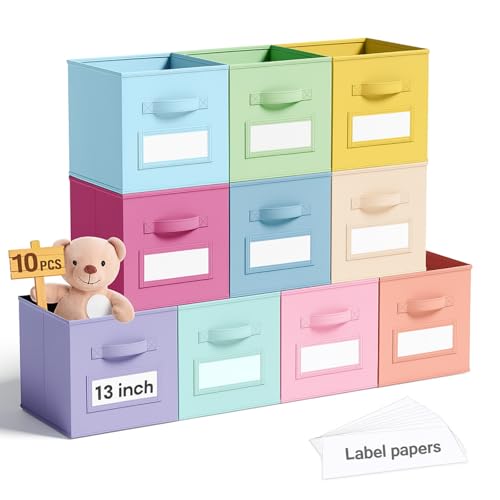 10 Pack Fabric Storage Cubes with Label 13" Collapsible Cube Bins, Macaroon - color: Macaroon, size: 13 Inch