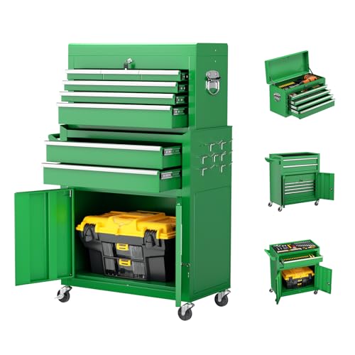 Oakcloud Heavy-Duty 8-Drawer Rolling Tool Chest & Cabinet Combo with Black Liner – Lockable Steel Garage Tool Box on Wheels – Detachable Top Toolbox & Bottom Storage Cart with Side Hooks, Green - color: Green, size: 8-Drawer