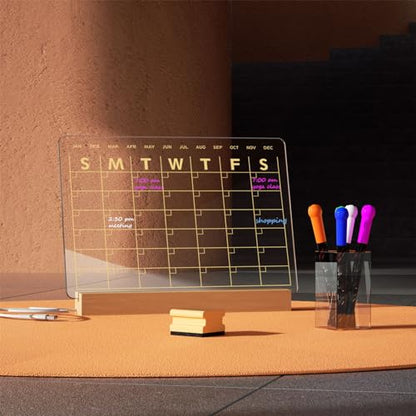 Light Up Clear Dry Erase Calendar 13 x 9 inch with 5 Markers, Acrylic Lighting Markable Calendar Board Agenda for Bedroom/Office/Home/Kitchen - style: Calendar