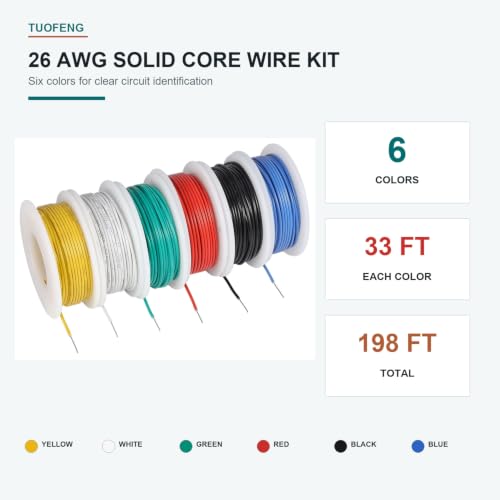 TUOFENG 26 AWG Solid Tinned Copper Wire Kit, 6 Colors, 33 ft Each - size: 26 AWG Solid Core 6 Colors 33 ft