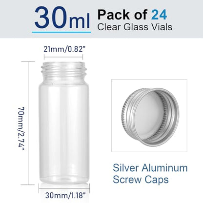 24Pcs 30mL Tiny Jars Clear Glass Vials, Silver Aluminum Screw Caps
