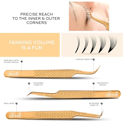 SIVOTE Eyelash Extension Tweezers Fiber Tips Japanese Steel, Set of 6 – Curved, Dolphin, 90° 45° Volume Boot & Slight Curved Tweezer – Professional Lash Tweezers for Lash Extensions Gold - color: Gold