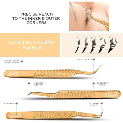 SIVOTE Eyelash Extension Tweezers Fiber Tips Japanese Steel, Set of 6 – Curved, Dolphin, 90° 45° Volume Boot & Slight Curved Tweezer – Professional Lash Tweezers for Lash Extensions Gold - color: Gold