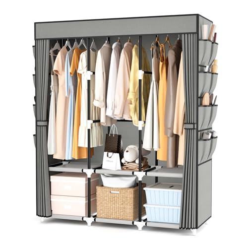 Portable Closet with Cover, 3 Hanging Rods and Side Pocket, Sturdy Free Standing Closet, Grey - color: Grey, size: 3 Row - 49.2'' Wide