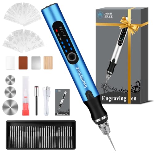 Upgraded Electric Engraving Pen, Wireless Engraving Pen Kit with 34 Bits & 3-Speed Adjust, Practice Materialse & Stencil, Rotary Tool for 60+ Surfaces Cordless Engraver Pen for Artists & DIY - color: Blue